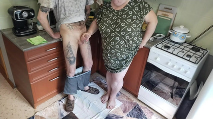 A Fat Woman Jerks off My Dick in the Kitchen and I Cum Powerfully