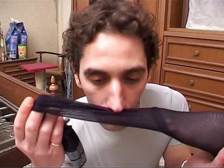 Young man obsessed by nylon jerking off his cock