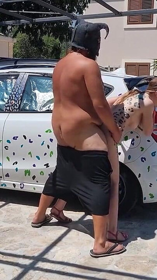 Hot Brunette Babe with Big Tits Gives Nice Blowjob at the Parking Lot