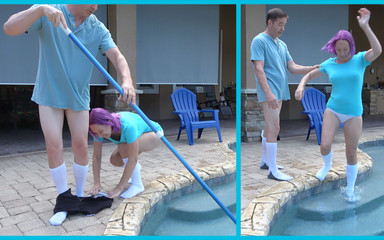MILF in granny panties & tube socks plays with pool boy