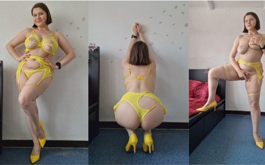 Stripping Out of Yellow Lingerie Just to Play with My Pussy