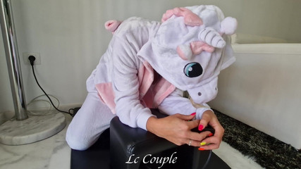 Cute Amateur MILF in Unicorn Costume with Her Sybian Sexmachine - Two Huge Orgasms