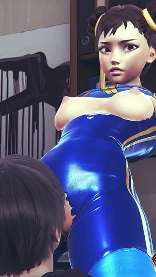 Chun Li Street Fighter 6 - Sexy Cosplay Anime Girl in Blue Latex Costume Gets Her Pussy Licked Through Tight Pants with Orgasm