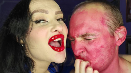 Sticky Juicy Red Lipstick Kisses All Over His Face
