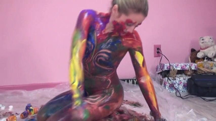 Small-titty slut gets messy with paint in room