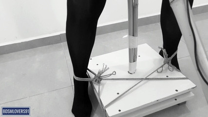 Shaking Legs in Black Pantyhose Standing Pole Bondage with None Stop Orgasms