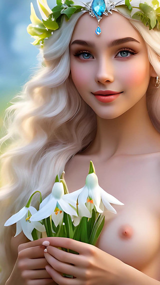 Ai Artistic Nude - Beautiful Woman Holding Snowdrop with Arctic-white Diamond Jewelry