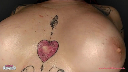 Big Boobs Inked Girl Shows Everything - Lingerie, Red Boots and Oil!