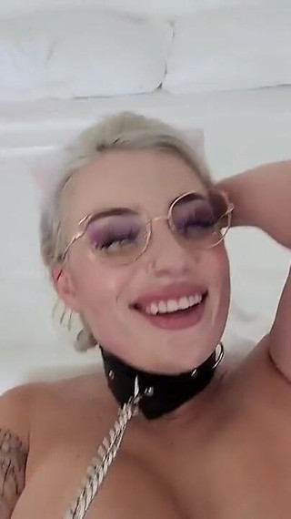 Leashed Kitty Dmarie Gets Glasses Cummed on After Deep Fuck