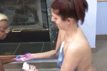 Blonde ebony and busty brunette getting messy while rubbing each other's cunt