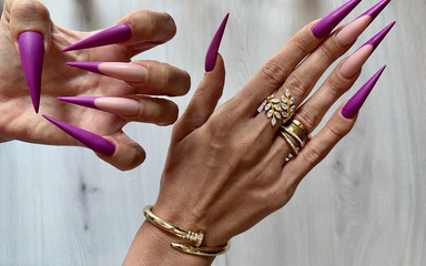 New Purple Color Long Nails, Sharp Stilettos, Palms and Long Fingers Wide