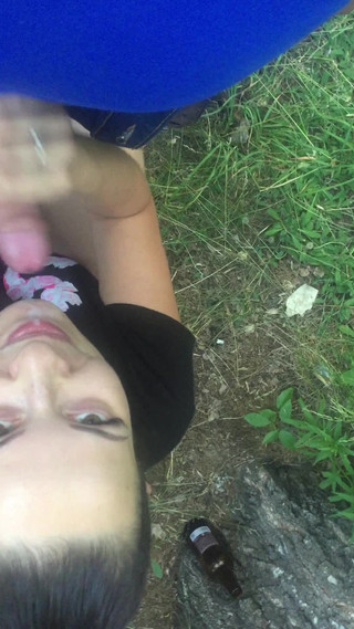 Nasty Brunette Babe Outdoor Blowjob